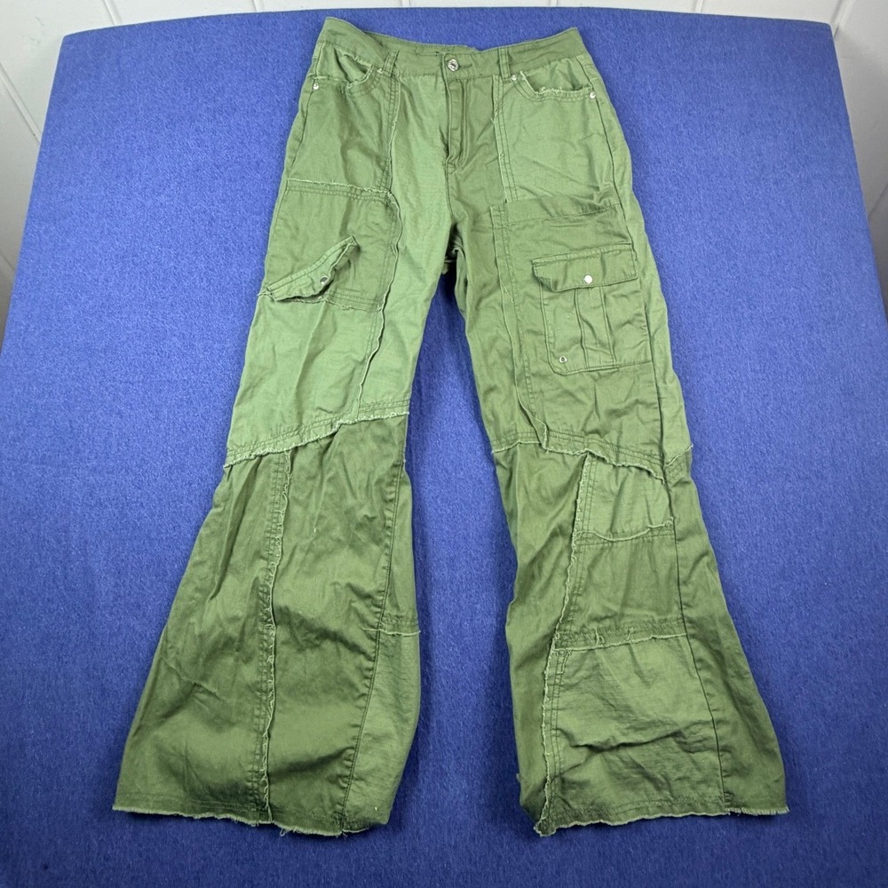 Forever 21 Green Patchwork Cargo Pants Wide Leg Frayed Utility Ripstop Large